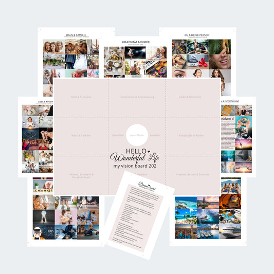 Vision Board Set – DIN A2 Vorlage + 9 Stickerbögen + Anleitung zur Zielsetzung